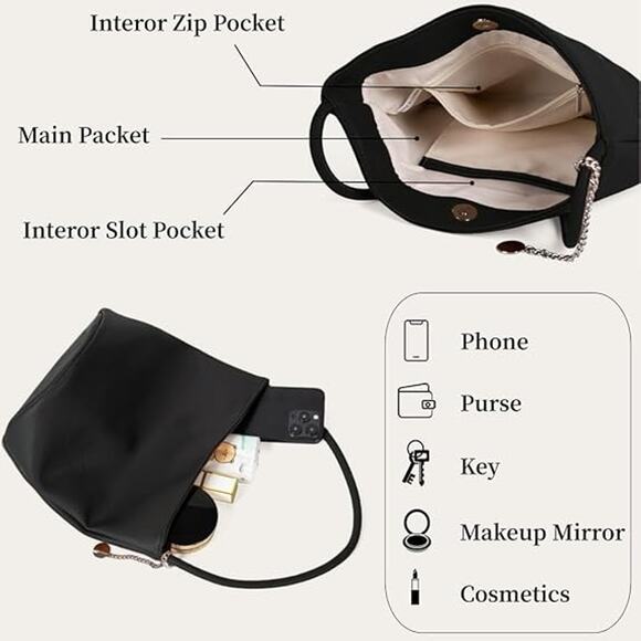 Womens Black Faux Leather Slouchy Bucket Bag Boho Classic Preppy Quiet Luxury - Picture 5 of 5